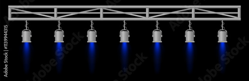 Stage lighting set. Blue spotlights, metal frame, event lighting, hanging lamps, focused beams, dark background, performance setup, stage design, concert equipment, theater illumination