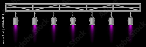 Stage lighting set. Purple spotlights, metal frame, event lighting, hanging lamps, focused beams, dark background, performance setup, stage design, concert equipment, theater illumination