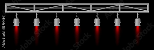 Stage lighting set. Red spotlights, metal frame, event lighting, hanging lamps, focused beams, dark background, performance setup, stage design, concert equipment, theater illumination