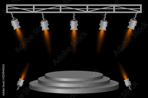 Stage podium set. Gray platform, red spotlights, metal frame, hanging lamps, event lighting, dark background, presentation area, performance setup, theater design, concert preparation