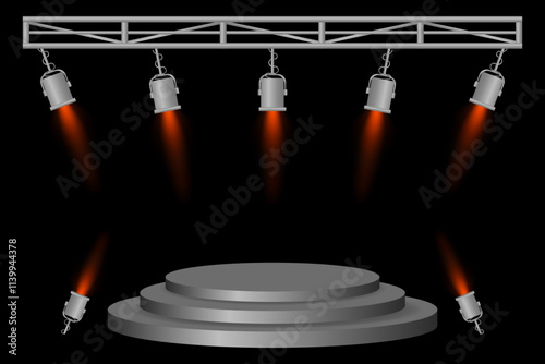 Stage podium set. Gray platform, red spotlights, metal frame, hanging lamps, event lighting, dark background, presentation area, performance setup, theater design, concert preparation
