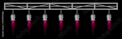 Stage lighting set. Red spotlights, metal frame, event lighting, hanging lamps, focused beams, dark background, performance setup, stage design, concert equipment, theater illumination
