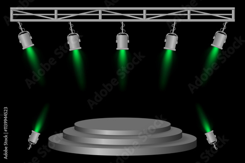 Stage podium set. Gray platform, green spotlights, metal frame, hanging lamps, event lighting, dark background, presentation area, performance setup, theater design, concert preparation