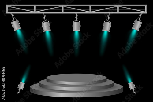 Stage podium set. Gray platform, blue spotlights, metal frame, hanging lamps, event lighting, dark background, presentation area, performance setup, theater design, concert preparation