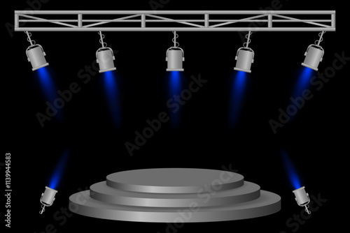 Stage podium set. Gray platform, blue spotlights, metal frame, hanging lamps, event lighting, dark background, presentation area, performance setup, theater design, concert preparation