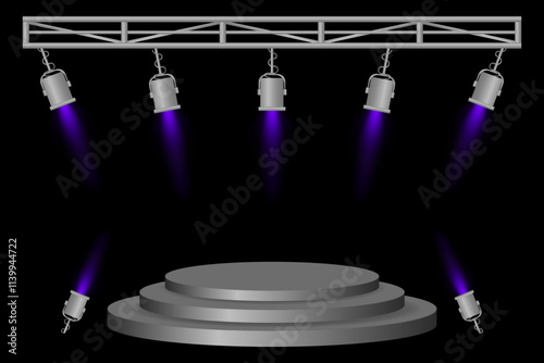 Stage podium set. Gray platform, purple spotlights, metal frame, hanging lamps, event lighting, dark background, presentation area, performance setup, theater design, concert preparation