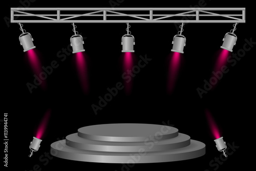 Stage podium set. Gray platform, purple spotlights, metal frame, hanging lamps, event lighting, dark background, presentation area, performance setup, theater design, concert preparation
