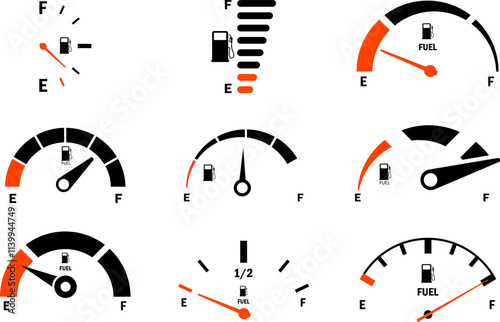 Fuel gauge scale and fuel meter. Fuel indicator. Gas tank gauge. Speedometer, tachometer, indicator icons. Performance measurement. White background. Vector illustration. EPS 10