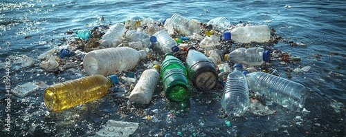 Plastic bottles and microplastics floating in the open ocean