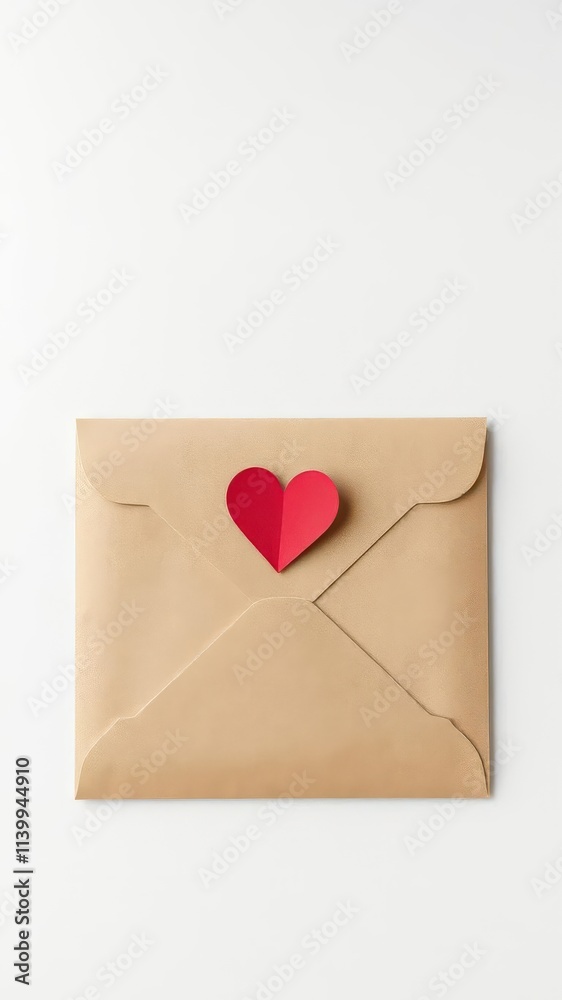 Simple kraft paper envelope holds a single red paper heart, paper,surprise,greeting Simple kraft paper envelope holds a single red paper heart, paper,surprise,greeting