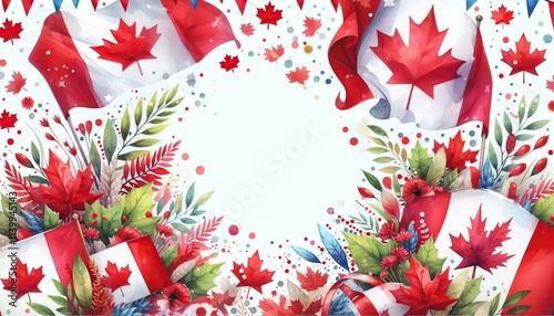 Canadian maple leaf flag in watercolor floral frame celebrating Canada Day vibrant national pride artwork photo