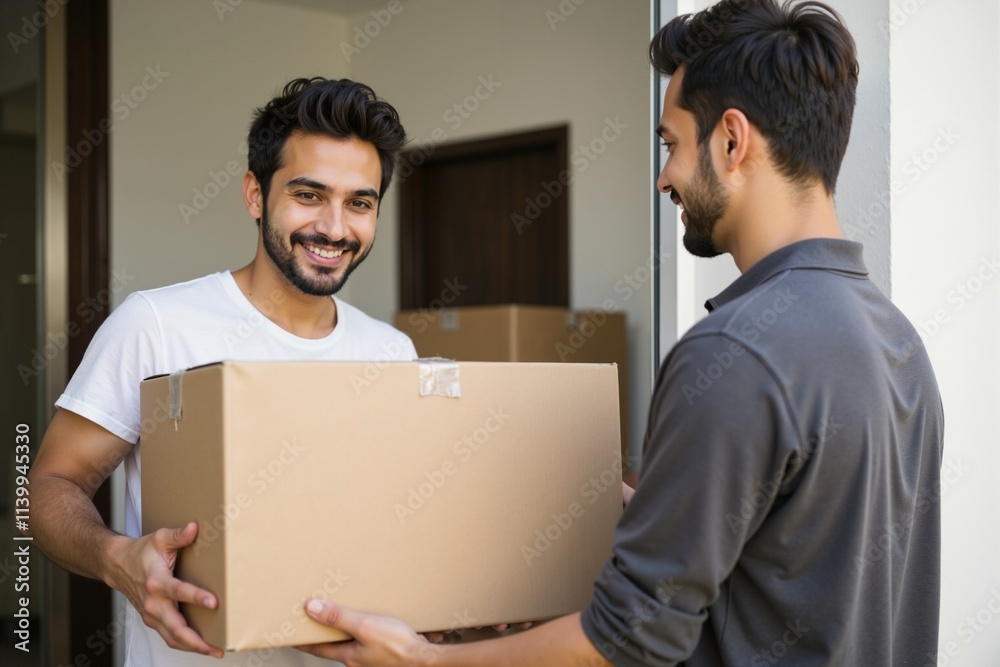 Two Men Moving Boxes in a Room, Perfect for Real Estate, Moving, or Friendship Concepts, Ideal for Advertising or Social Media Content Two Men Moving Boxes in a Room, Perfect for Real Estate, Moving, or Friendship Concepts, Ideal for Advertising or Social Media Content