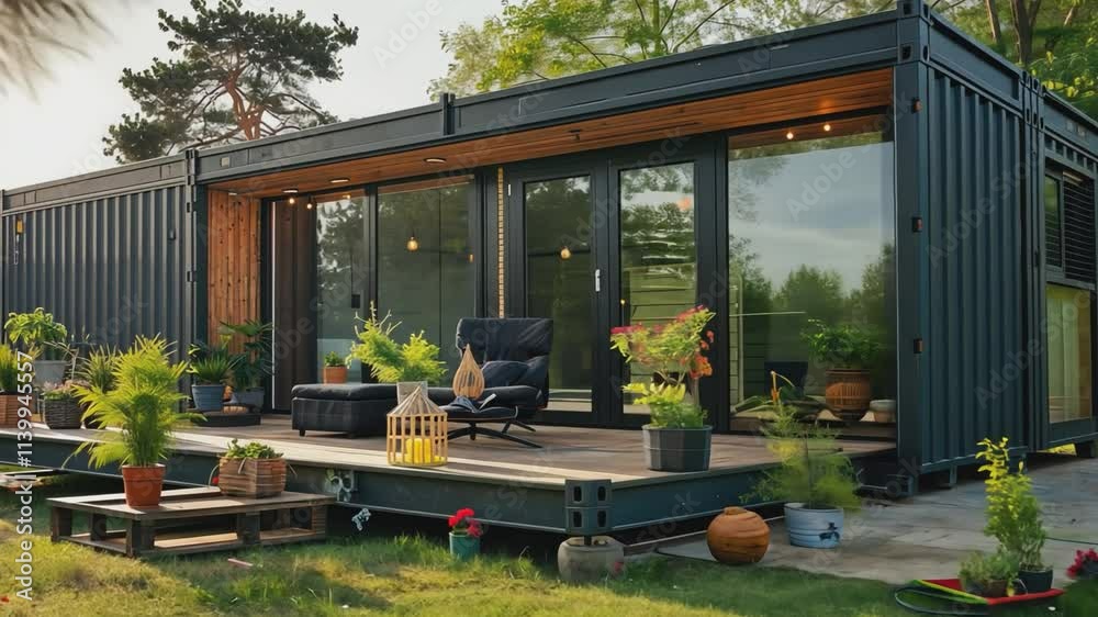 A contemporary and stylish eco-friendly home built from shipping containers, featuring a spacious outdoor deck with lush greenery and a comfortable seating area.