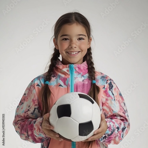 A young girl in a sports cloth holding a soccer ball and smiling isolated on a white background