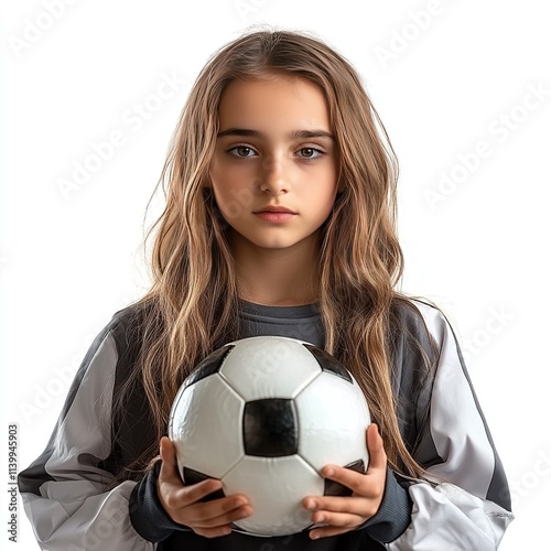 A young girl in a sports cloth holding a soccer ball with serious expression looking isolated on a white background