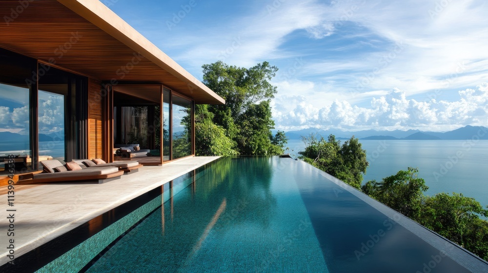 Fototapeta premium Modern Villa Infinity Pool Overlooking Ocean Mountains
