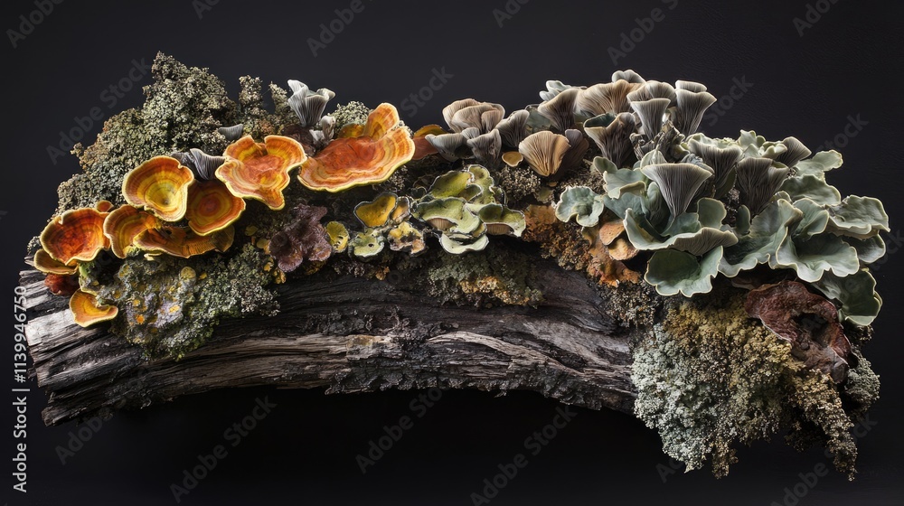 Colorful Fungi and Lichens on a Decaying Log Colorful Fungi and Lichens on a Decaying Log