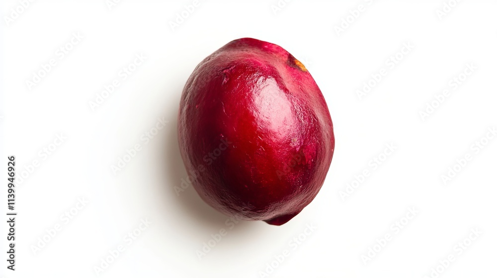 A single, vibrant red pomegranate seed isolated on a pure white background, meticulously separated for your convenience.