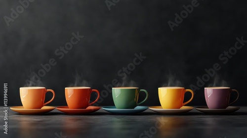 A vibrant line-up of colorful coffee cups with steaming hot beverages creates a cozy and cheerful atmosphere, perfect for a morning boost or social gathering.