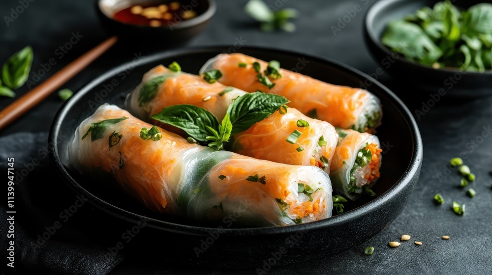 A set of rice paper spring rolls filled with fresh vegetables, garnished with mint leaves, showcasing a healthy and artistic culinary presentation that captures appetite. A set of rice paper spring rolls filled with fresh vegetables, garnished with mint leaves, showcasing a healthy and artistic culinary presentation that captures appetite.