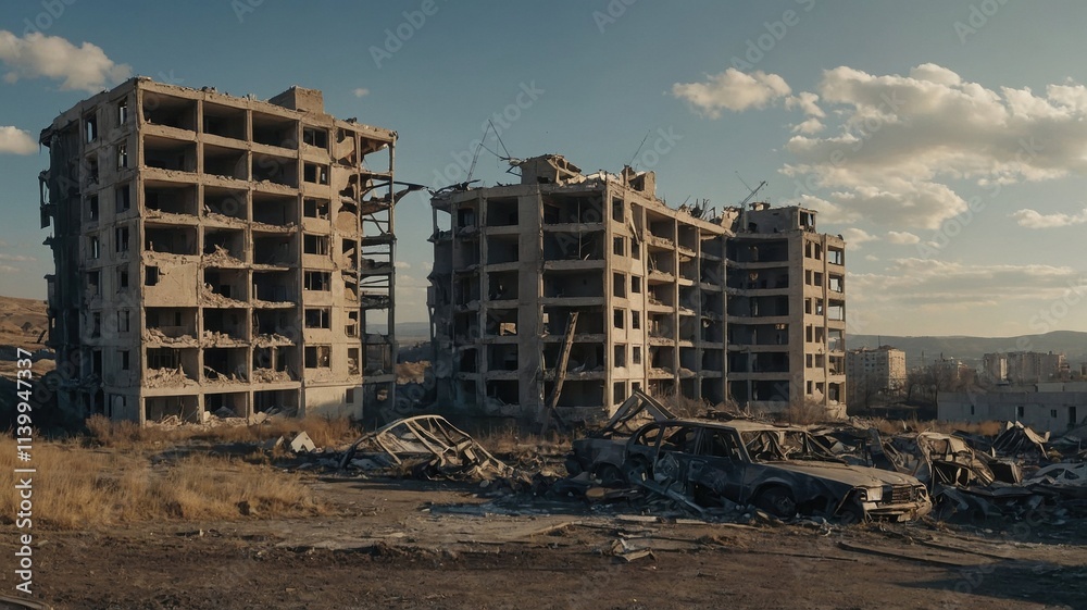 Eerie post-apocalyptic scene of crumbling high-rise buildings surrounded by debris and abandoned vehicles, depicting urban devastation and decay Eerie post-apocalyptic scene of crumbling high-rise buildings surrounded by debris and abandoned vehicles, depicting urban devastation and decay