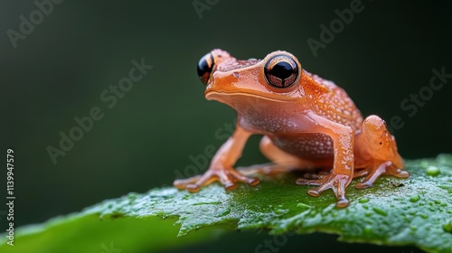 A tiny orange frog perched on a leaf is highlighted against a blurred backdrop, drawing attention to its vivid color, detailed texture, and natural beauty. photo