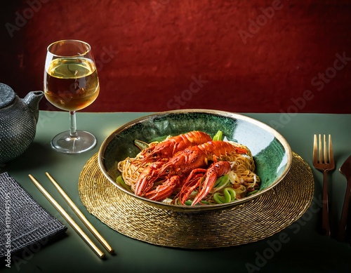 A bowl of crayfish noodles in a gold plate and green blue ceramic bowl, styled with gold cutlery and a wine glass on a dark red backdrop, highend minimalist setting, magazine-level photography.