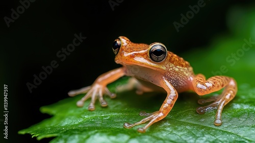 An orange frog is balanced delicately on a vibrant green leaf, its contrasting colors capturing the harmony between life and its natural environment. photo