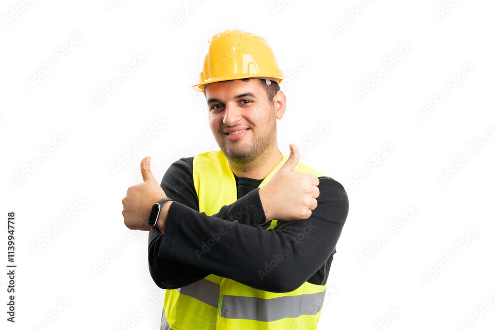 Smiling builder wearing hardhat making double thumbs-up gesture Smiling builder wearing hardhat making double thumbs-up gesture