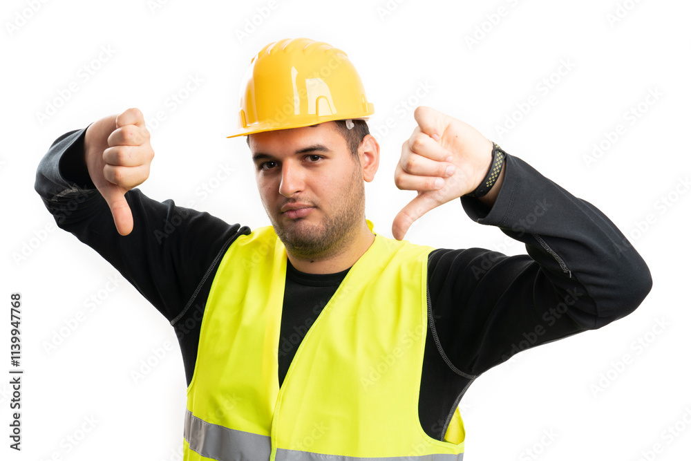 Angry constructor wearing helmet making double dislike gesture Angry constructor wearing helmet making double dislike gesture