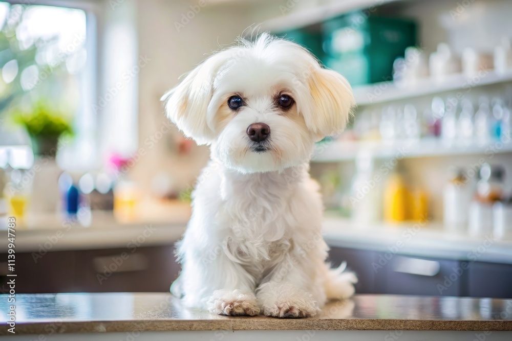 Adorable White Dog Countertop Close-Up - Pet Shop Photography Adorable White Dog Countertop Close-Up - Pet Shop Photography