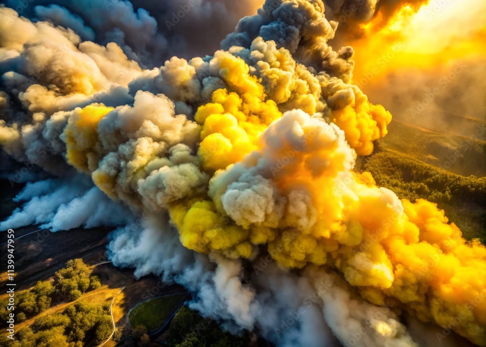 Fototapeta premium Aerial View Yellow Smoke Plume Disaster Emergency Response Bird's Eye