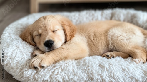 A serene golden retriever puppy snoozes peacefully on a soft, fluffy white bed, epitomizing tranquility and comfort in its cozy resting place. photo