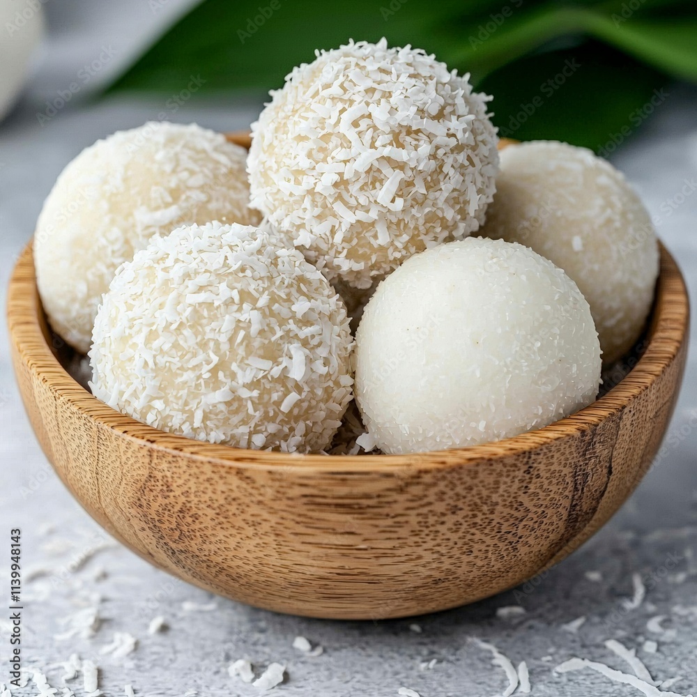 Delicious Coconut Balls in Wooden Bowl Sweet Treats Dessert Photography Delicious Coconut Balls in Wooden Bowl Sweet Treats Dessert Photography