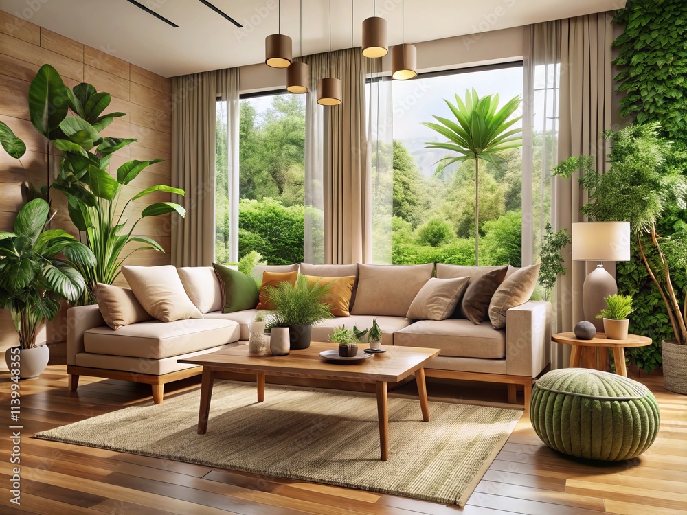 Fototapeta premium Beige Sofa Living Room Design: Lush Greenery & Wooden Coffee Table - Interior Design Inspiration