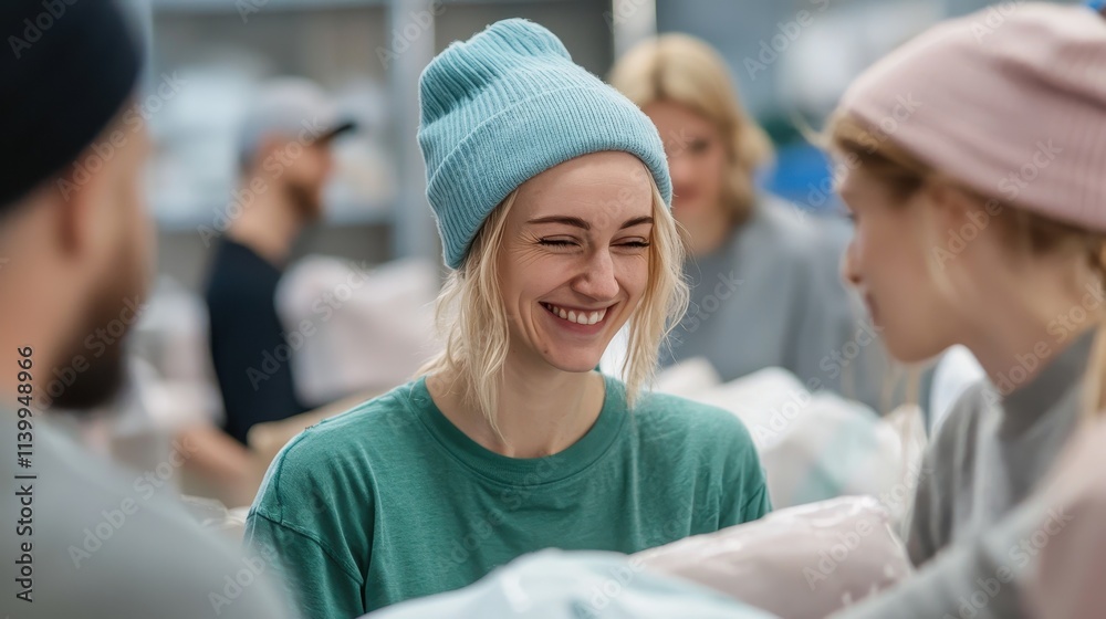 Community Focused. Smiling woman in a beanie engaged in group activity indoors. Community Focused. Smiling woman in a beanie engaged in group activity indoors.