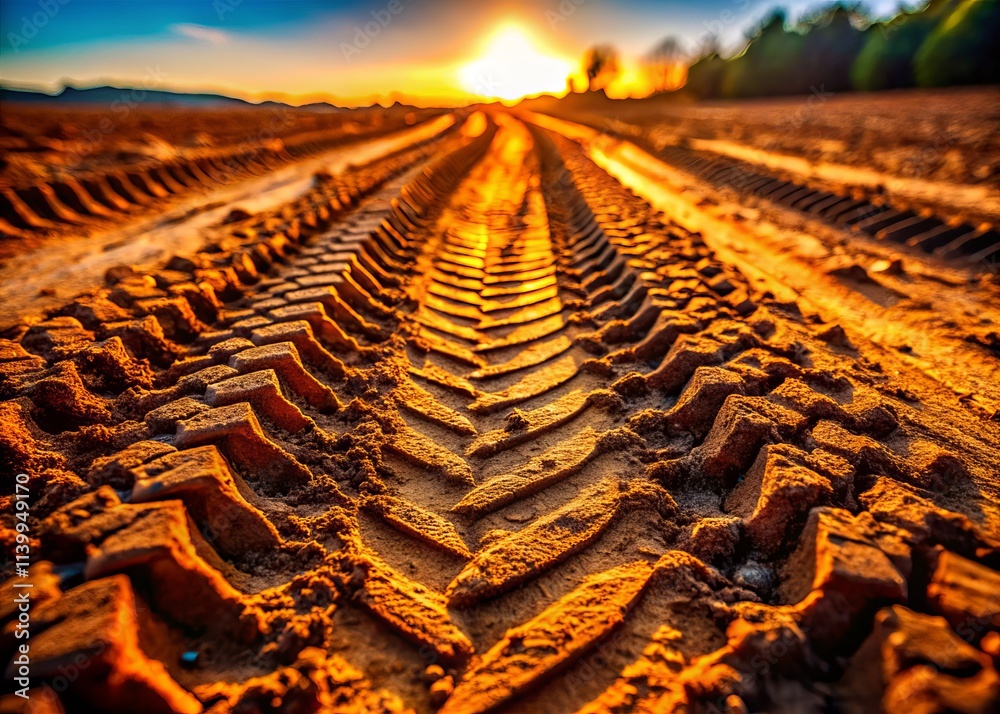 Obraz premium Close-Up Tire Tracks in Mud, Detailed Texture Background Image, Off-Road Vehicle Tracks