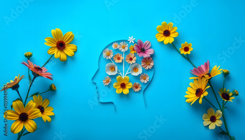 World mental health day concept. Human head symbol and flowers on blue background isolated . Shades of white., png