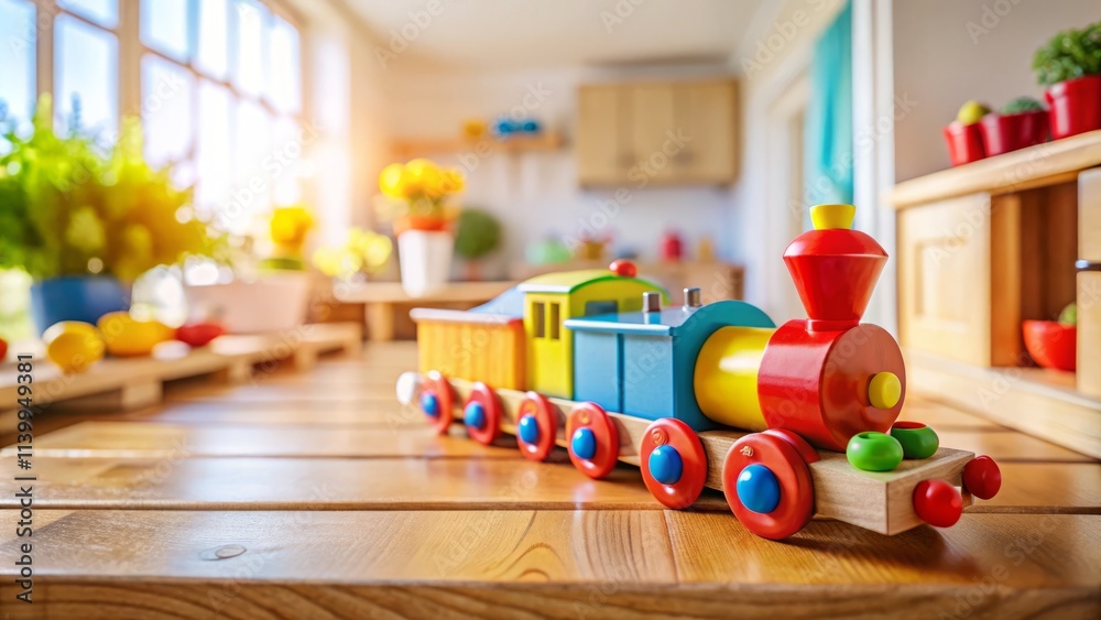 Fototapeta premium Colorful Wooden Toy Train Action Shot: Bright Kitchen, Wooden Surface