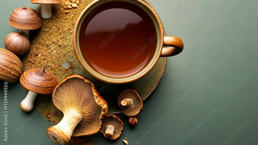 A cup of tea is on a green plate with mushrooms on it