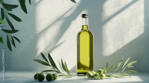 Glass bottle of olive oil with olives and leaves. photo