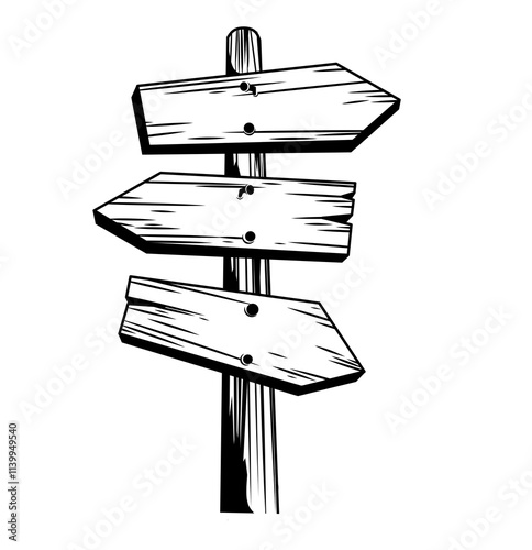 Wooden signpost with arrows pointing in different directions. Blank pointers on road, vector illustration