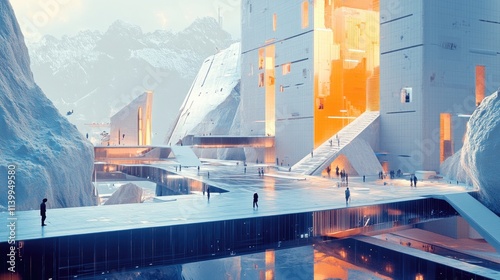 Futuristic Cityscape Amidst Snowy Mountain Peaks