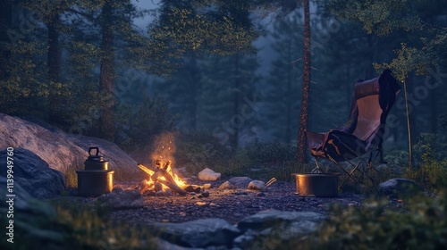 Campfire scene in a dark forest at night photo