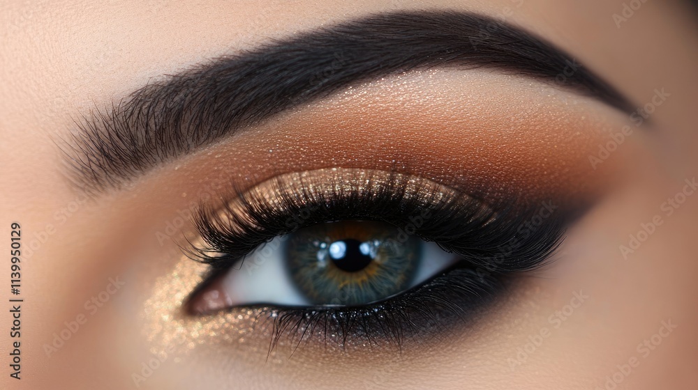 Obraz premium Close-up of an eye with eyelash extensions and a subtle smokey eye makeup, emphasizing depth and elegance.