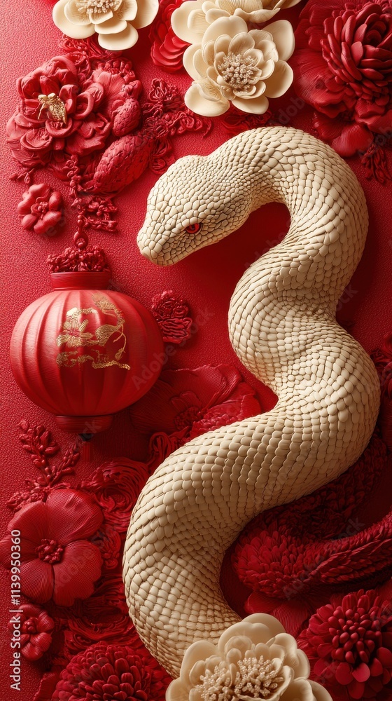 A stylized white snake coils among intricate red flowers and a round ornament, creating a vivid and artistic composition. A stylized white snake coils among intricate red flowers and a round ornament, creating a vivid and artistic composition.