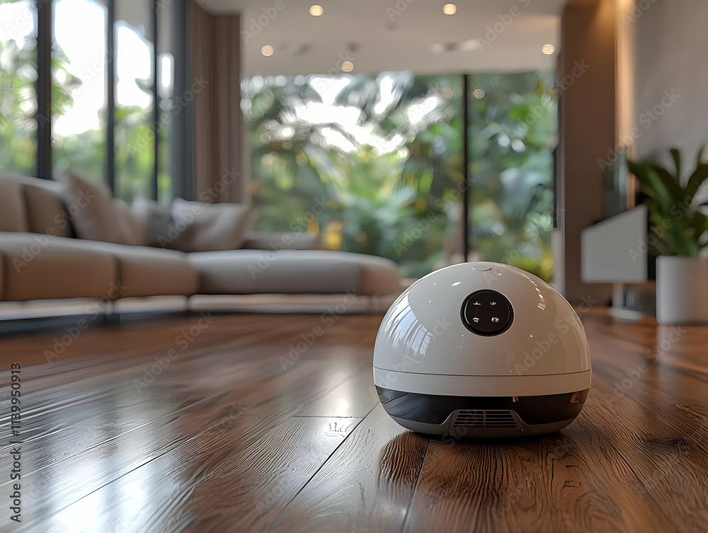 Smart Home Device on Wooden Floor, Modern Interior Design Smart Home Device on Wooden Floor, Modern Interior Design