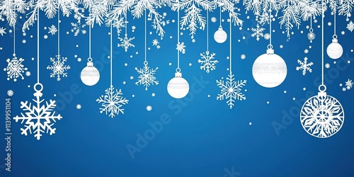 Stylish Christmas background with hanging snowflakes and ornaments on a blue background. 