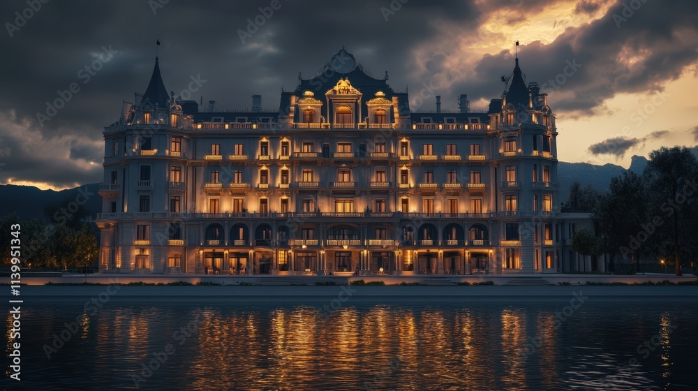 Fototapeta premium Grand European Style Hotel at Dusk Over Water