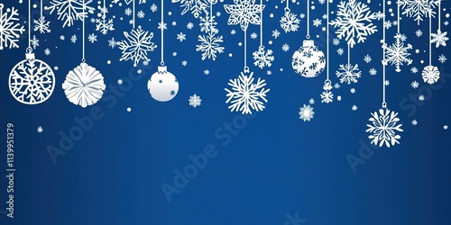 Stylish Christmas background with hanging snowflakes and ornaments on a blue background. 